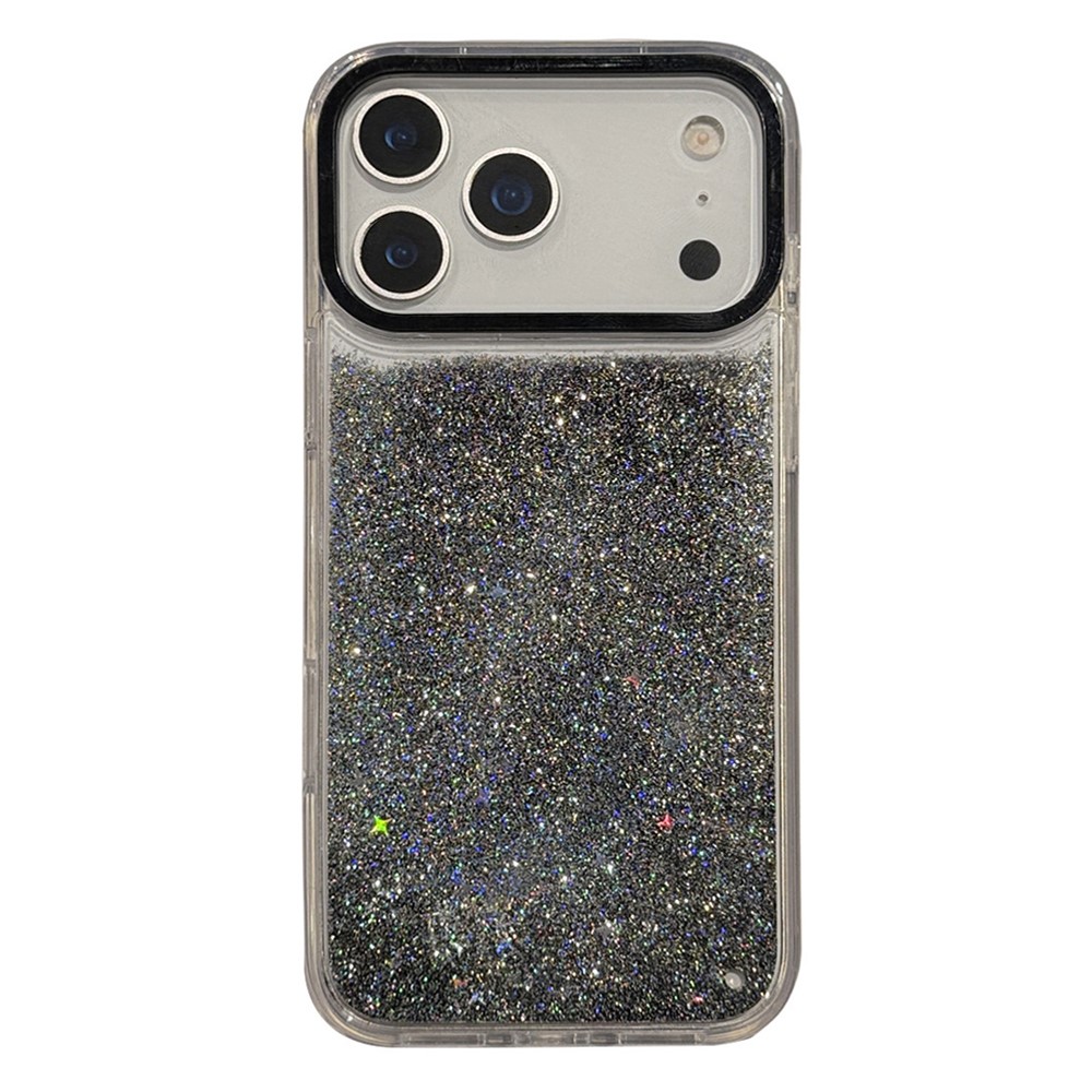 For iPhone 17 Pro Max Case Dynamic Liquid Glitter Soft TPU Hard PC Back Phone Cover - Black + Silver