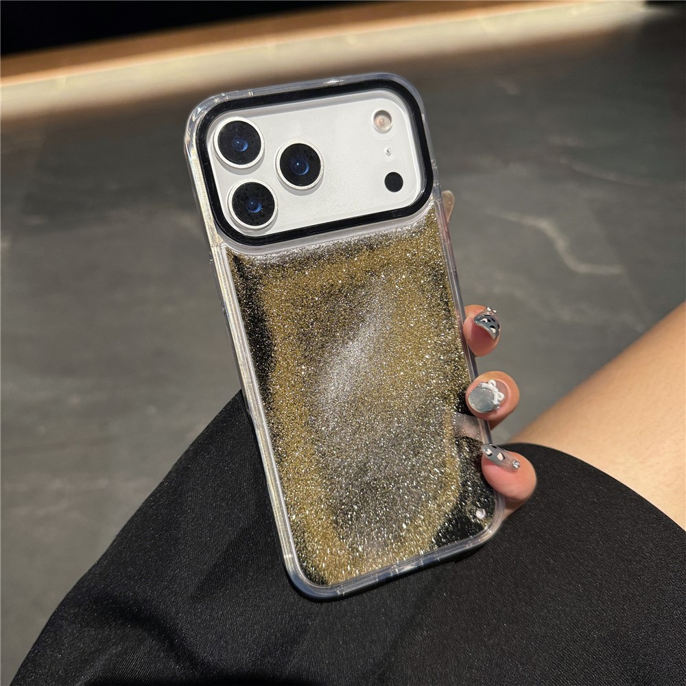 For iPhone 17 Pro Max Case Dynamic Liquid Glitter Soft TPU Hard PC Back Phone Cover - Black + Gold