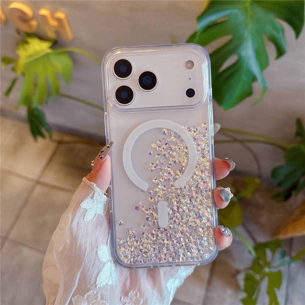 For iPhone 17 Pro Case Compatible with MagSafe Bling Rhinestone Quicksand TPU + PC Phone Cover - Purple