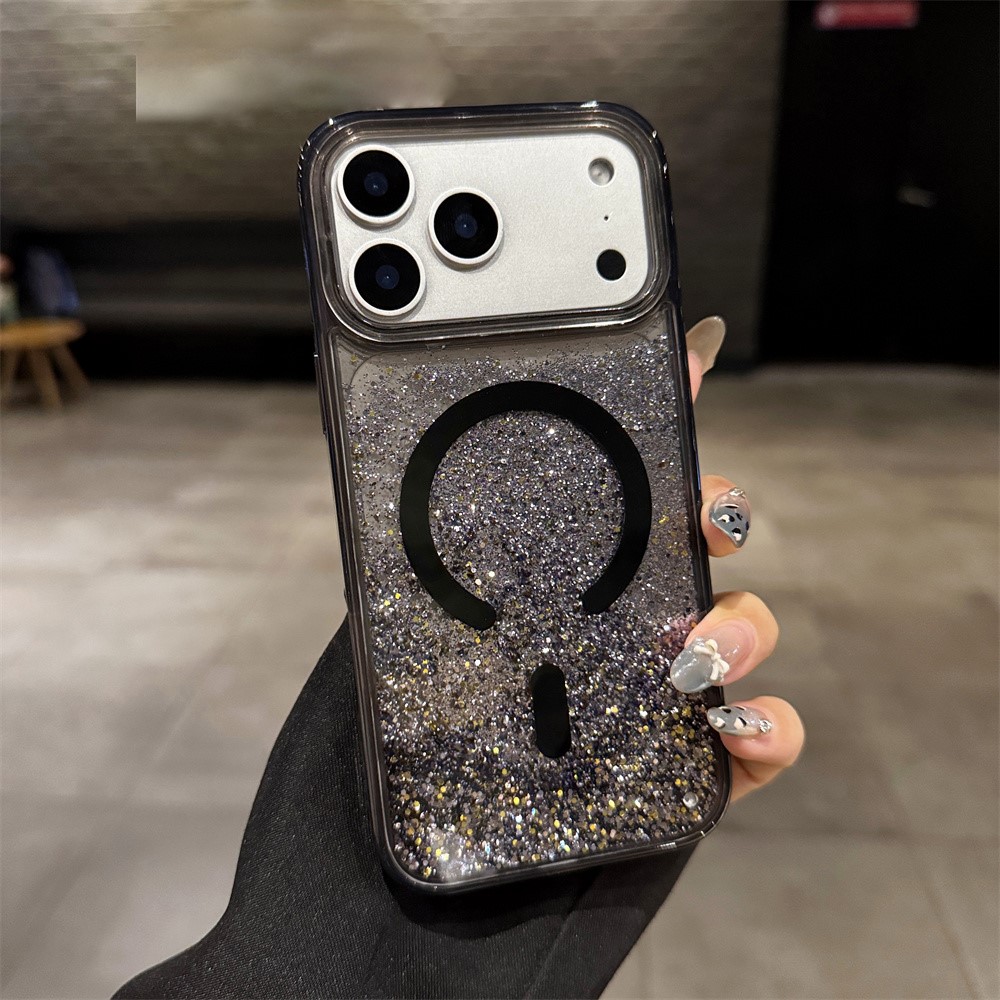 For iPhone 17 Pro Case Compatible with MagSafe Glitter Floating Quicksand TPU + PC Phone Cover - Black