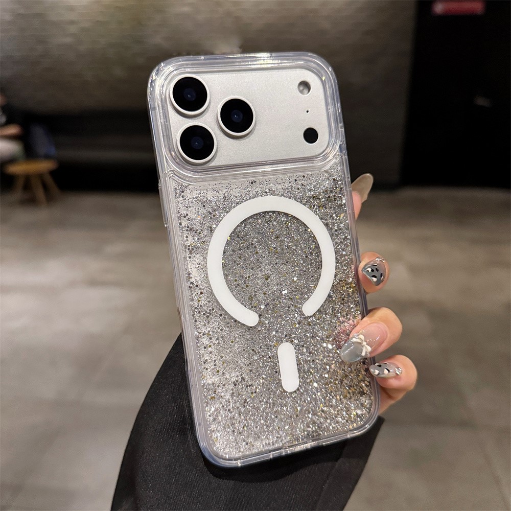 For iPhone 17 Pro Case Compatible with MagSafe Glitter Floating Quicksand TPU + PC Phone Cover - White