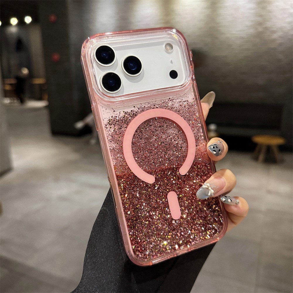 For iPhone 17 Pro Max Case Compatible with MagSafe Glitter Floating Quicksand TPU + PC Phone Cover - Pink