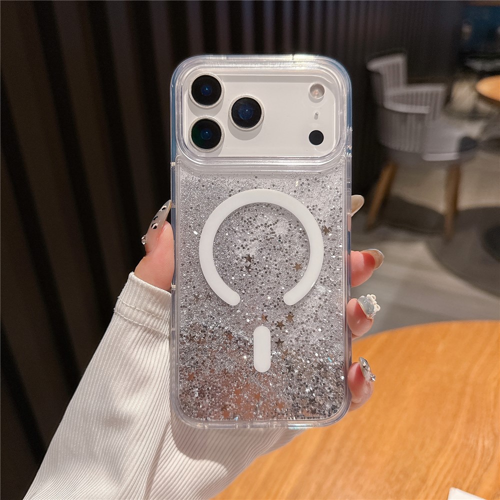 For iPhone 17 Pro Max Case Compatible with MagSafe Flowing Quicksands Sparkle PC + TPU Phone Cover - Champagne Silver Stars