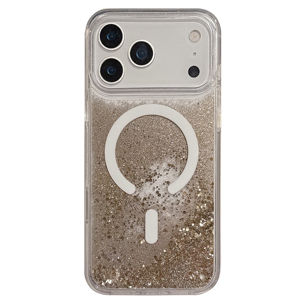 For iPhone 17 Pro Case Compatible with MagSafe Flowing Quicksands Sparkle PC + TPU Phone Cover - Golden Polka Dots