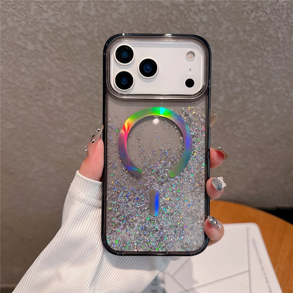 For iPhone 17 Pro Case Compatible with MagSafe Quicksand Beads PC + TPU Phone Cover - Black