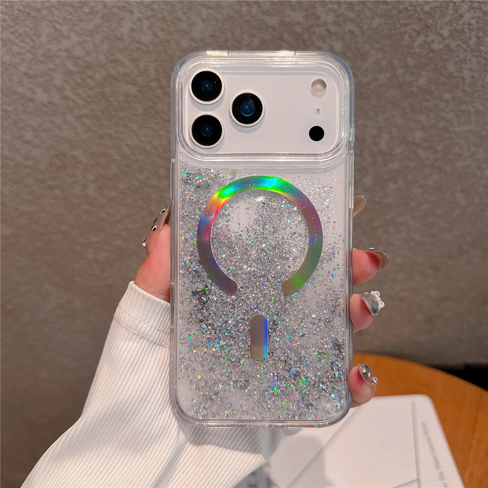 For iPhone 17 Pro Max Case Compatible with MagSafe Quicksand Beads PC + TPU Phone Cover - Silver