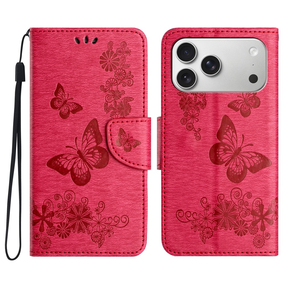 For iPhone 17 Pro Case Butterflies Flower Leather Wallet Flip Phone Cover - Red