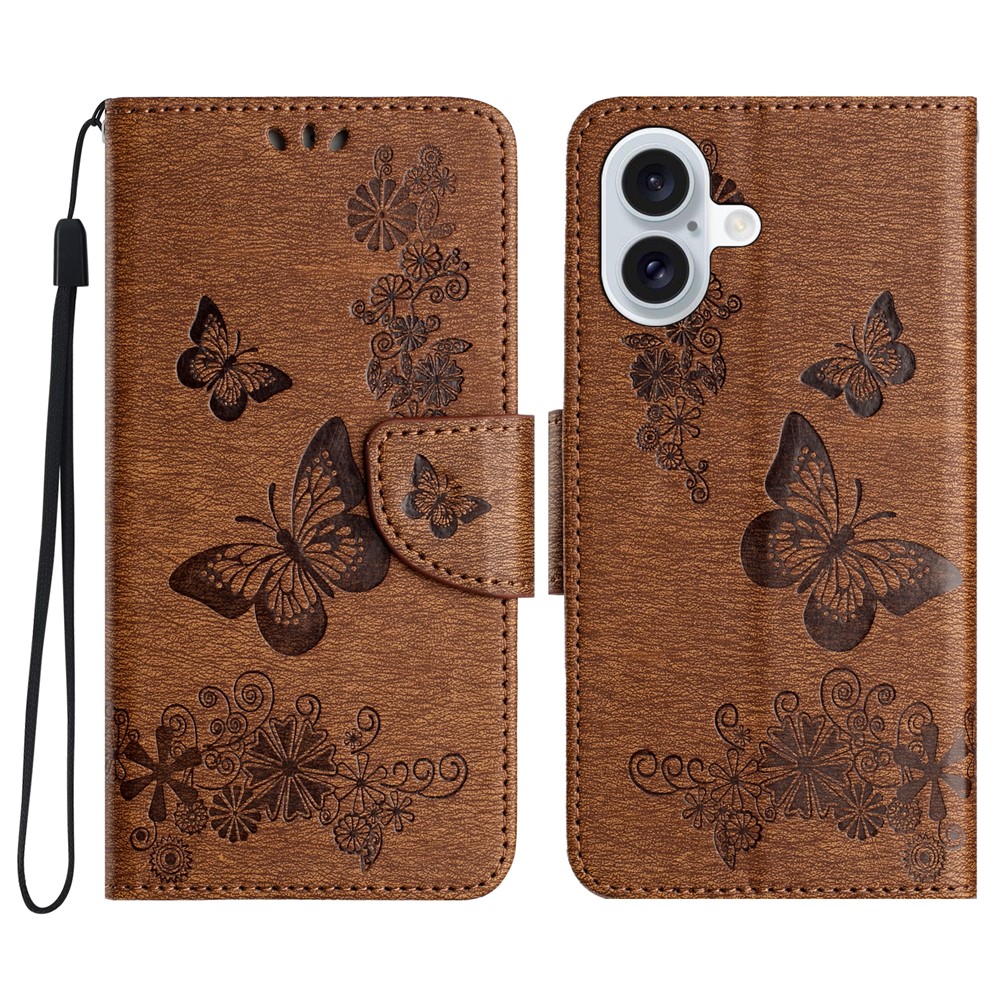 For iPhone 17 Case Butterflies Flower Leather Wallet Flip Phone Cover - Brown