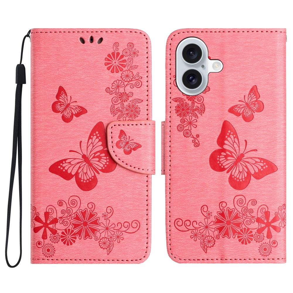 For iPhone 17 Case Butterflies Flower Leather Wallet Flip Phone Cover - Pink