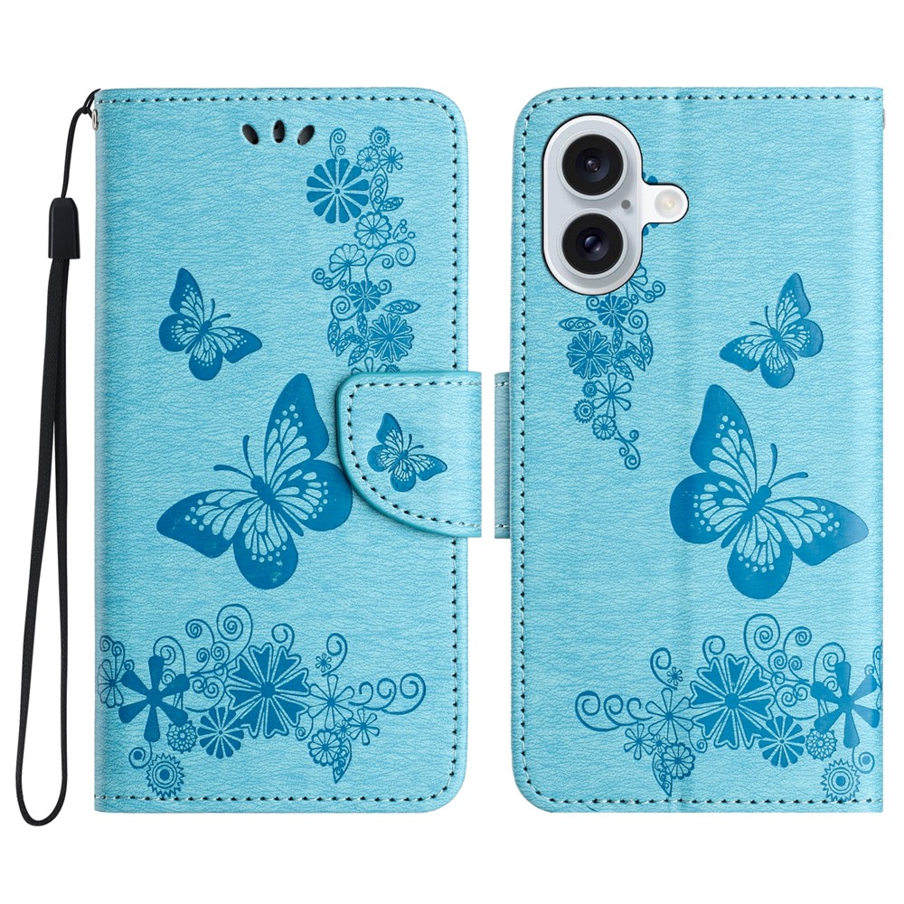 For iPhone 17 Case Butterflies Flower Leather Wallet Flip Phone Cover - Blue