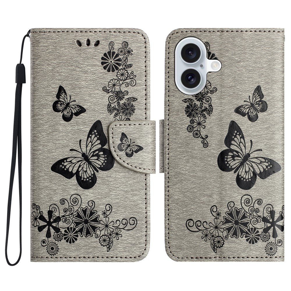 For iPhone 17 Case Butterflies Flower Leather Wallet Flip Phone Cover - Grey