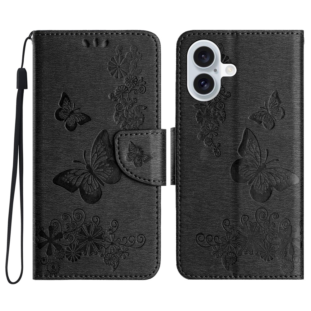 For iPhone 17 Case Butterflies Flower Leather Wallet Flip Phone Cover - Black