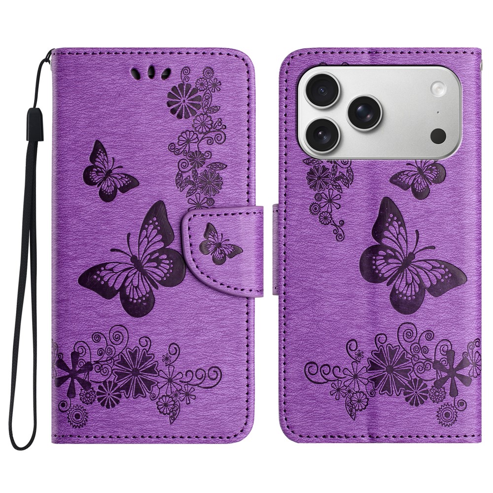 For iPhone 17 Pro Case Butterflies Flower Leather Wallet Flip Phone Cover - Purple