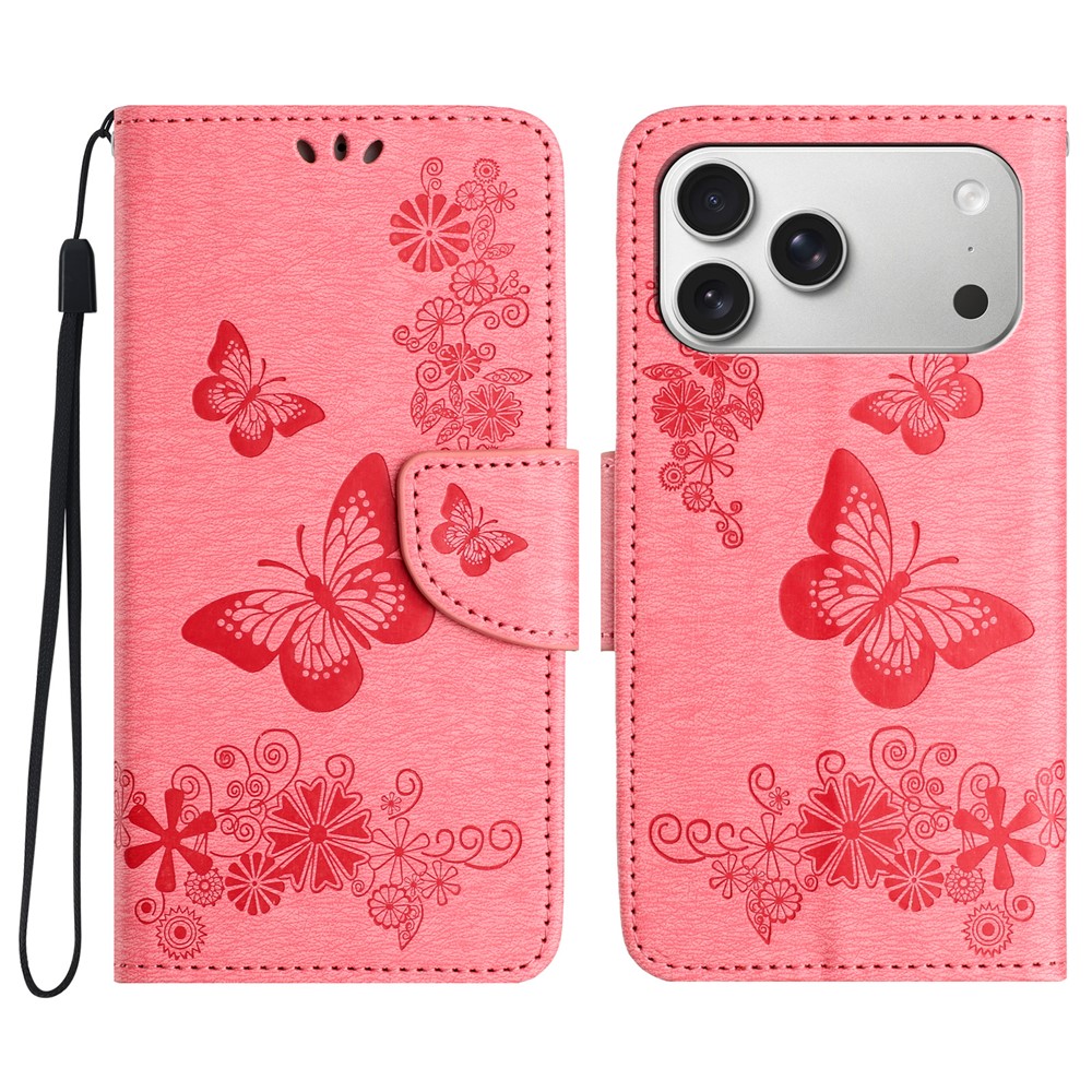 For iPhone 17 Pro Case Butterflies Flower Leather Wallet Flip Phone Cover - Pink