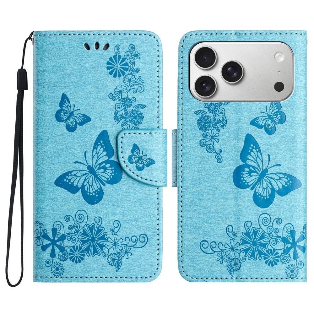 For iPhone 17 Pro Max Case Butterflies Flower Leather Wallet Flip Phone Cover - Blue