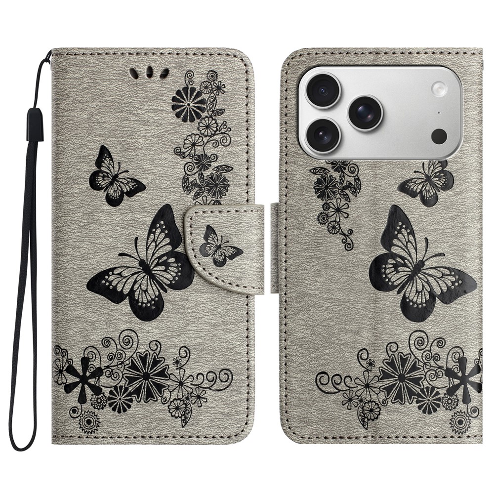 For iPhone 17 Pro Max Case Butterflies Flower Leather Wallet Flip Phone Cover - Grey