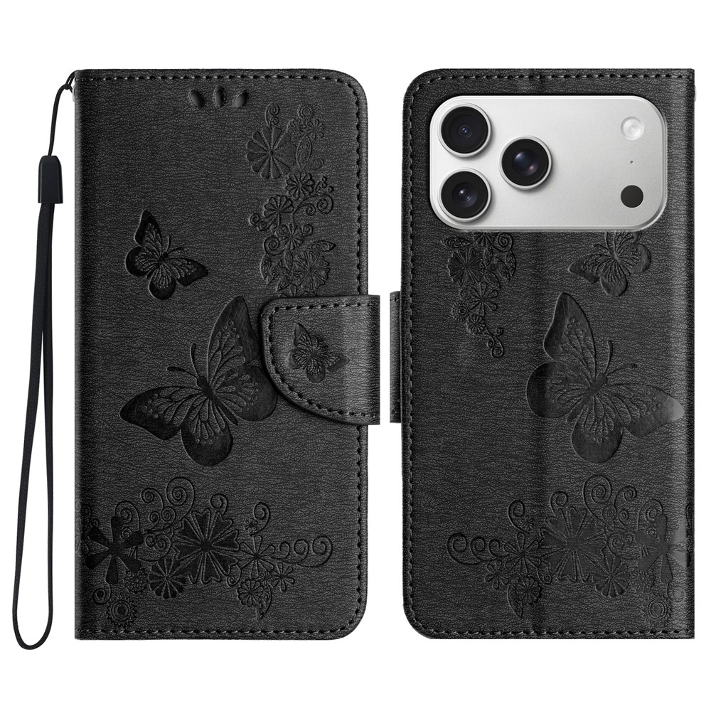 For iPhone 17 Pro Max Case Butterflies Flower Leather Wallet Flip Phone Cover - Black