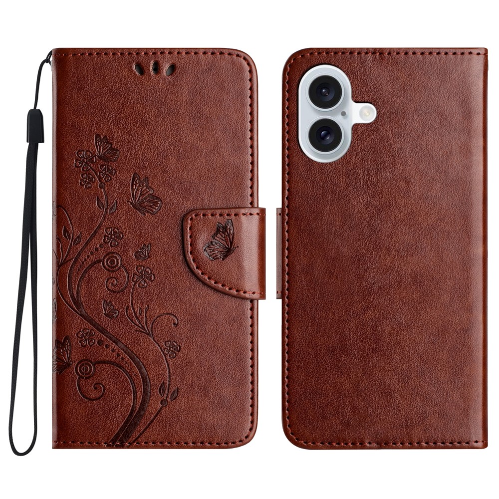 For iPhone 17 Case Imprinted Mini Butterfly Leather Wallet Phone Cover - Brown