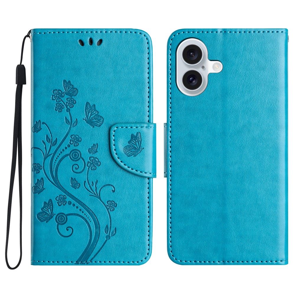 For iPhone 17 Case Imprinted Mini Butterfly Leather Wallet Phone Cover - Blue
