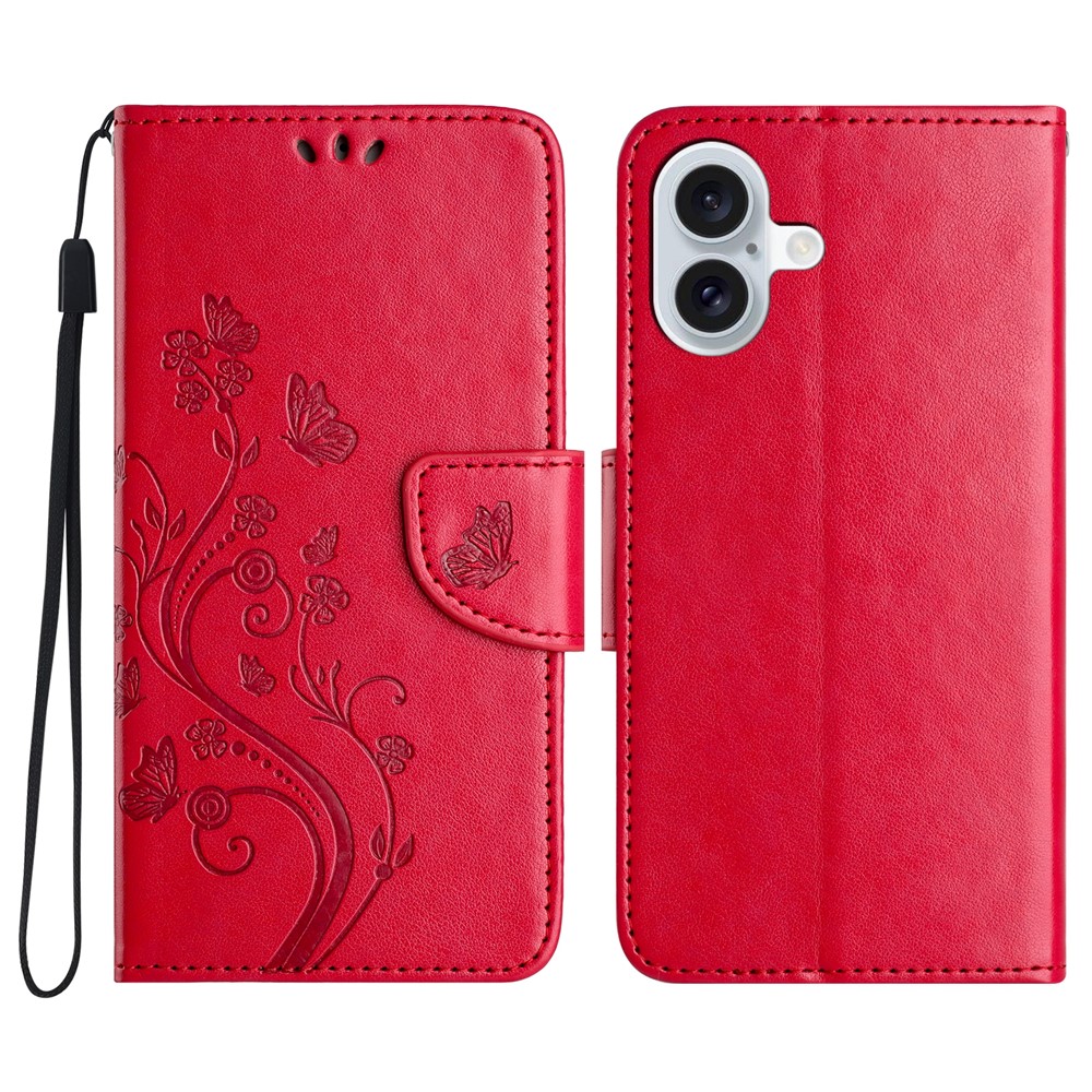 For iPhone 17 Case Imprinted Mini Butterfly Leather Wallet Phone Cover - Red