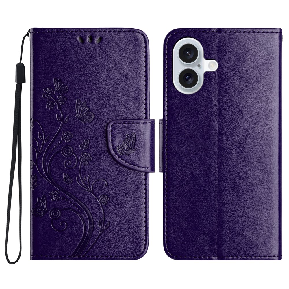 For iPhone 17 Case Imprinted Mini Butterfly Leather Wallet Phone Cover - Dark Purple