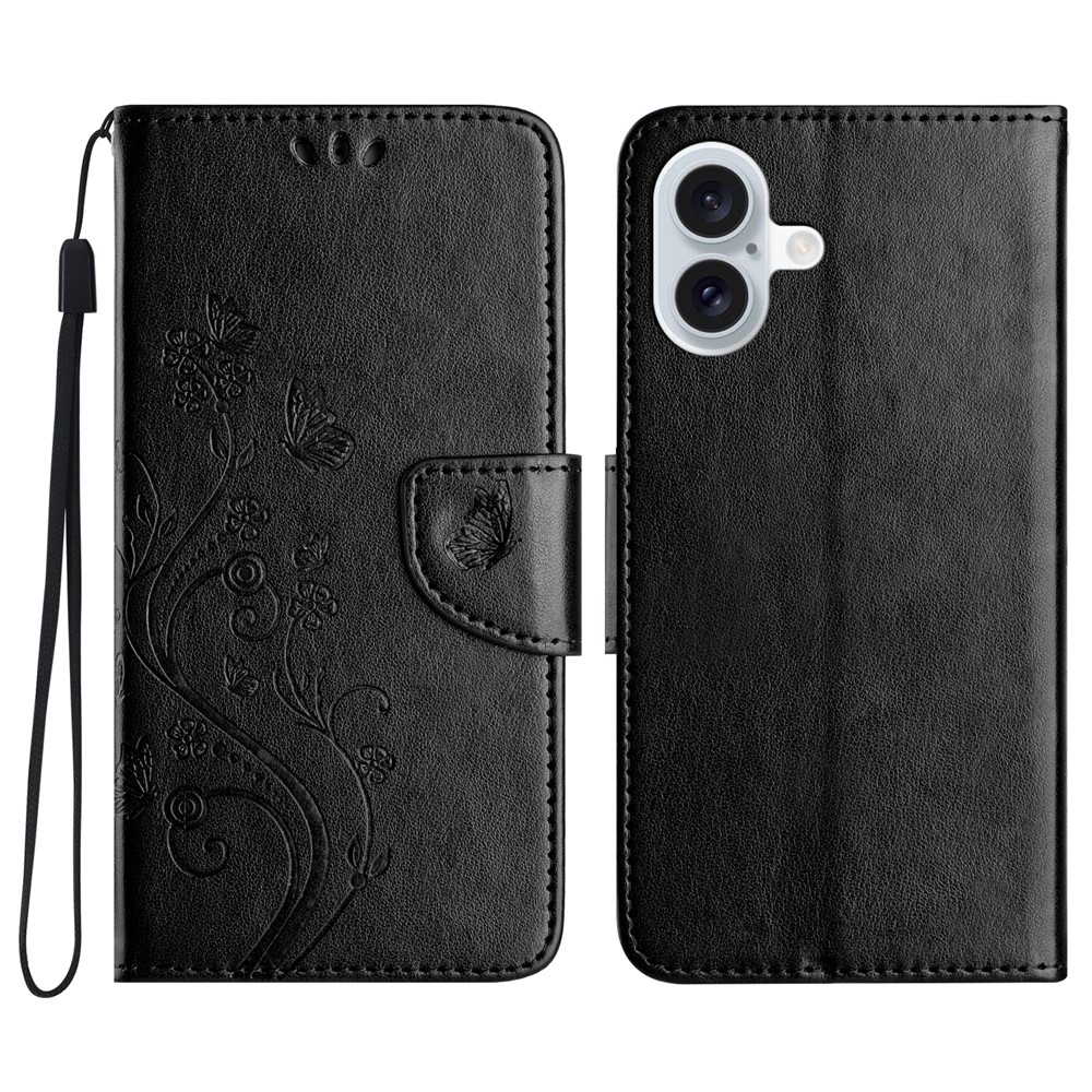 For iPhone 17 Case Imprinted Mini Butterfly Leather Wallet Phone Cover - Black