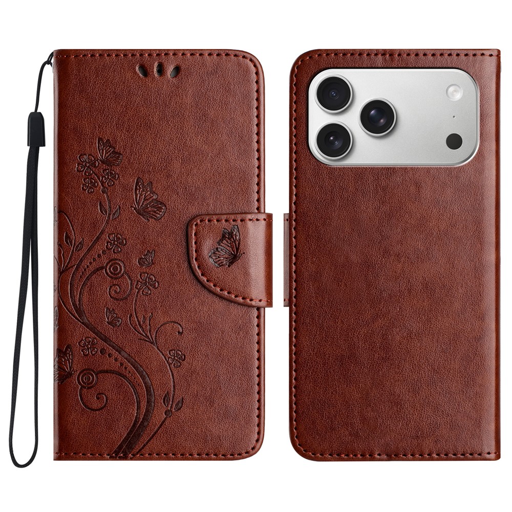 For iPhone 17 Pro Case Imprinted Mini Butterfly Leather Wallet Phone Cover - Brown