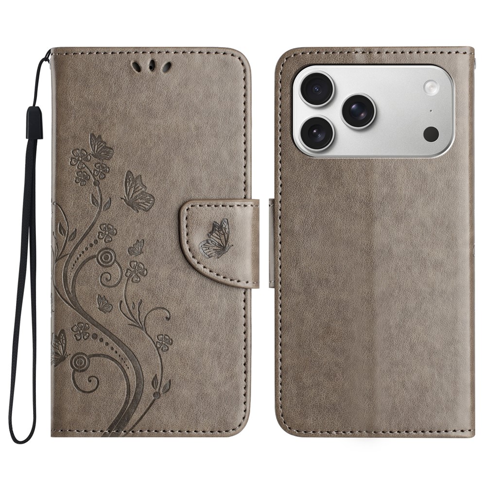 For iPhone 17 Pro Case Imprinted Mini Butterfly Leather Wallet Phone Cover - Grey