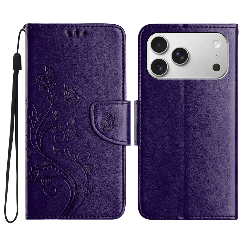 For iPhone 17 Pro Case Imprinted Mini Butterfly Leather Wallet Phone Cover - Dark Purple
