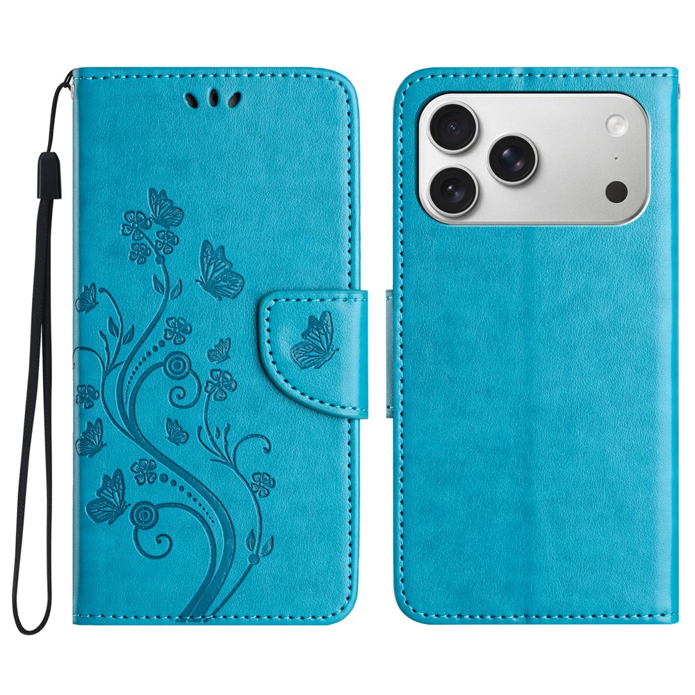 For iPhone 17 Pro Max Case Imprinted Mini Butterfly Leather Wallet Phone Cover - Blue
