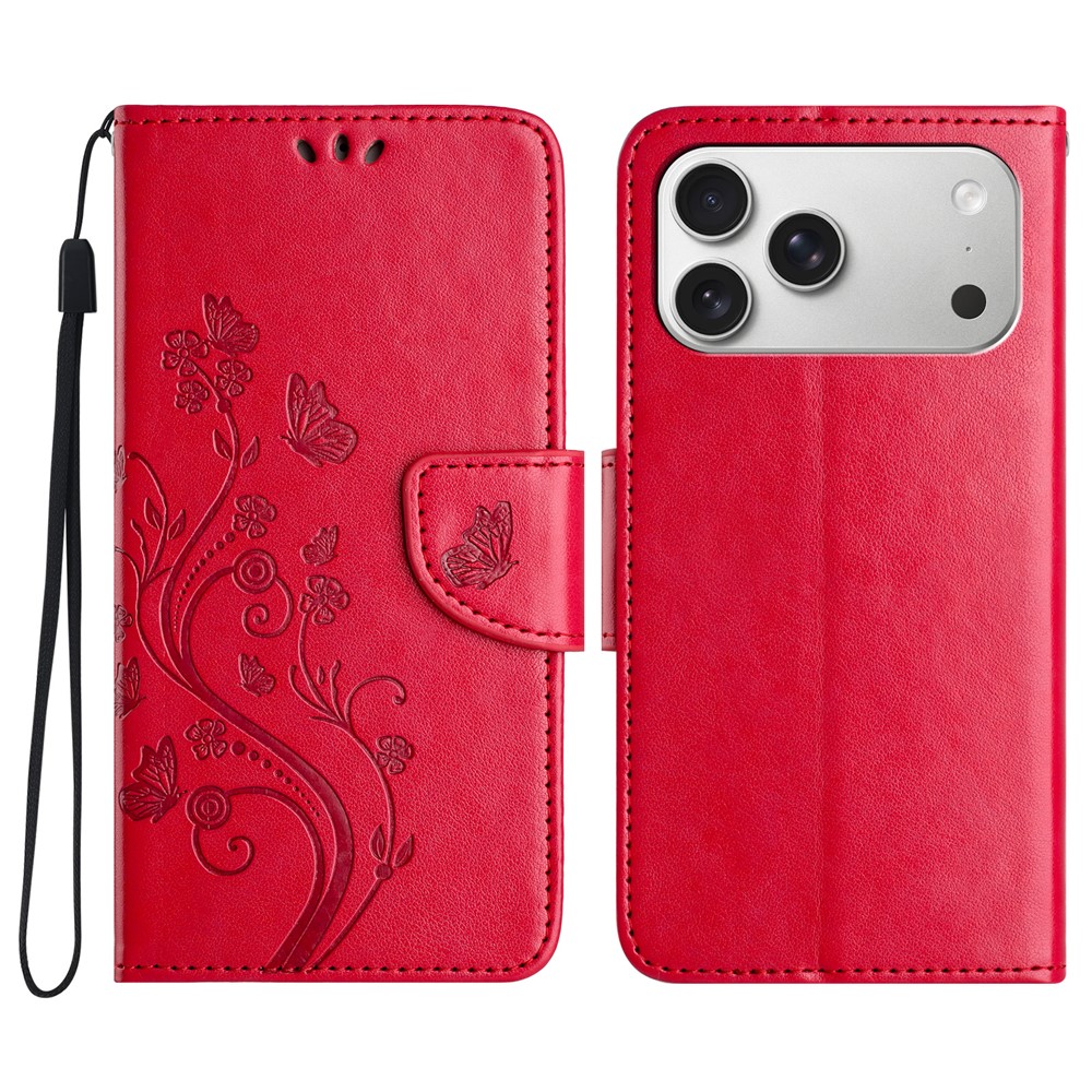 For iPhone 17 Pro Max Case Imprinted Mini Butterfly Leather Wallet Phone Cover - Red