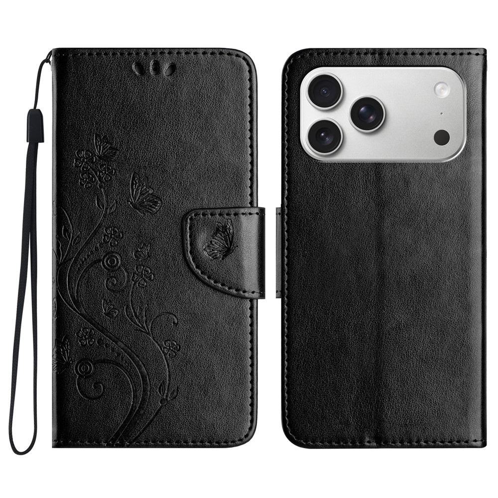 For iPhone 17 Pro Max Case Imprinted Mini Butterfly Leather Wallet Phone Cover - Black