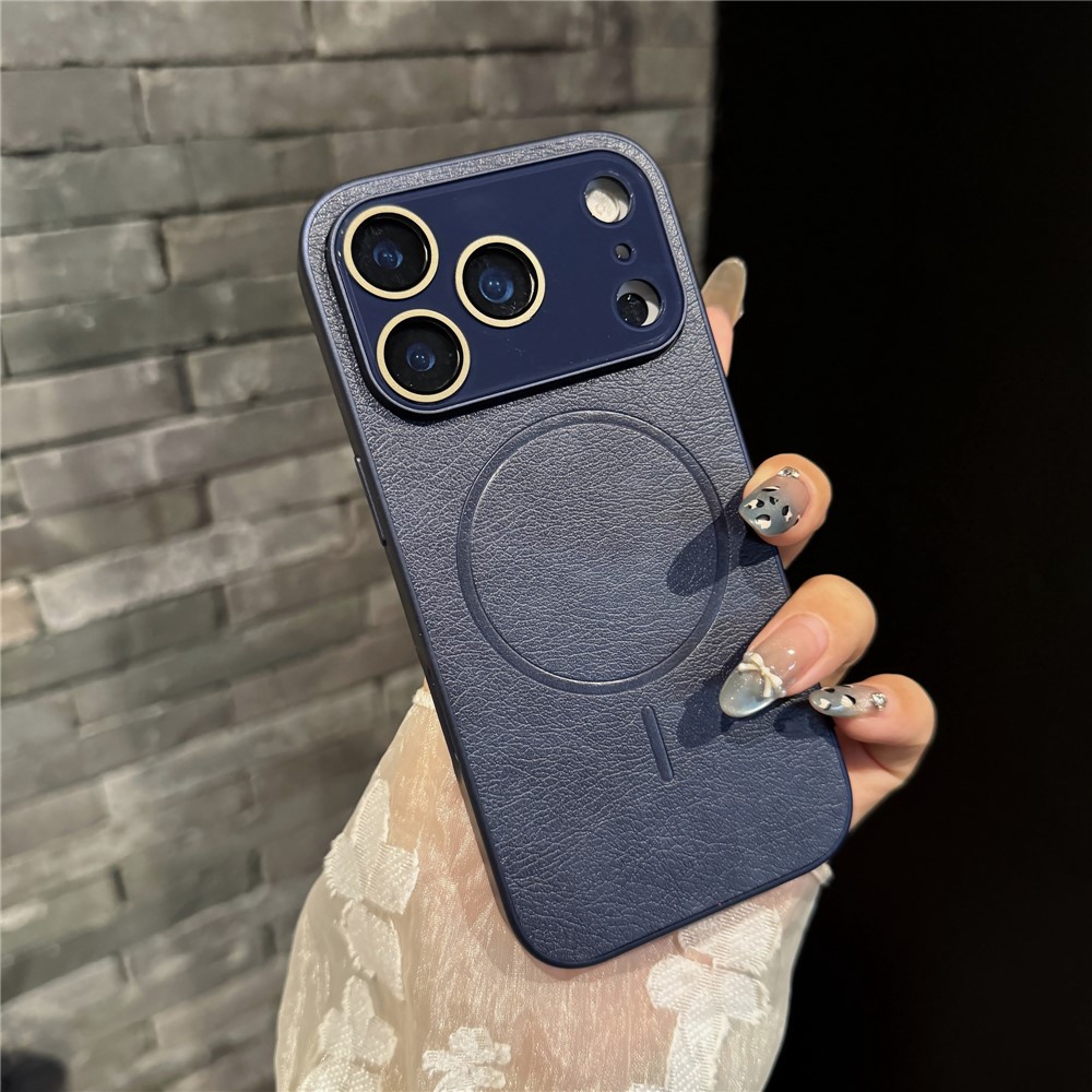 For iPhone 17 Pro Case PU Leather Coated PC TPU Phone Cover Compatible with MagSafe - Navy Blue