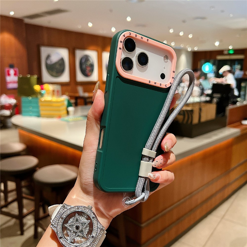 For iPhone 17 Pro Max Case Contrasting Colors Shockproof TPU Phone Cover with Wrist Strap - Green