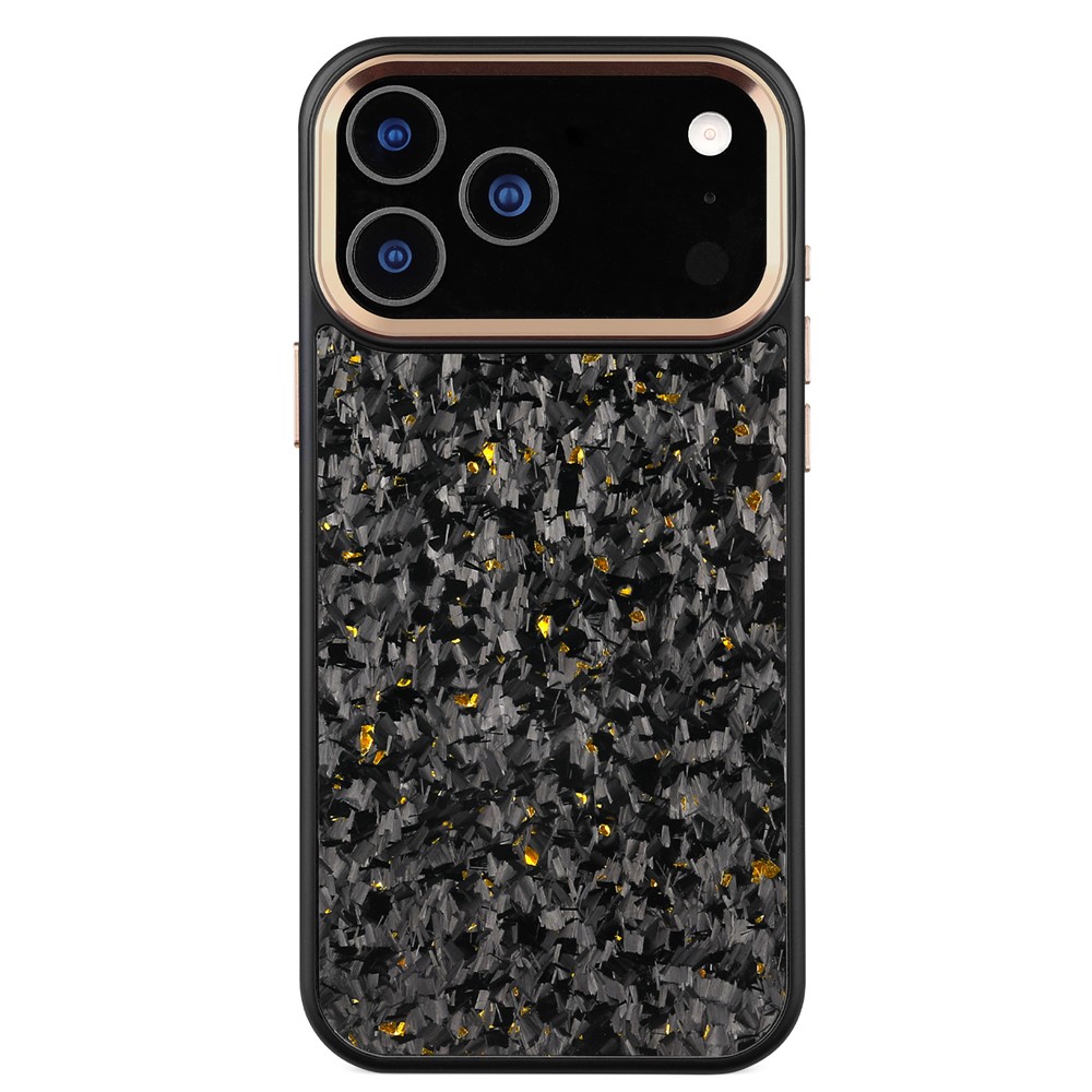 For iPhone 17 Pro Max Magnetic Case Forged Texture Aramid Fiber + TPU Phone Cover with Metal Lens Frame - Gold Lens Frame + Gold