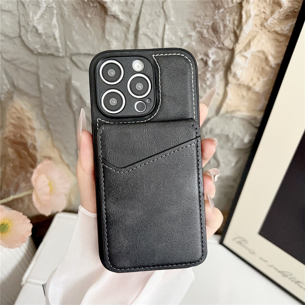 For iPhone 16 Pro Case Detachable Card Holder Kickstand Leather Back Phone Cover Compatible with MagSafe - Black