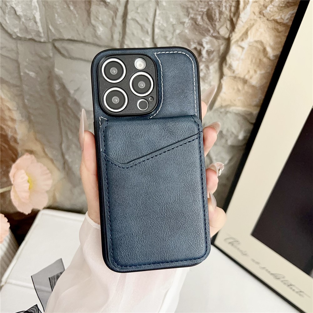 For iPhone 16 Pro Case Detachable Card Holder Kickstand Leather Back Phone Cover Compatible with MagSafe - Navy Blue