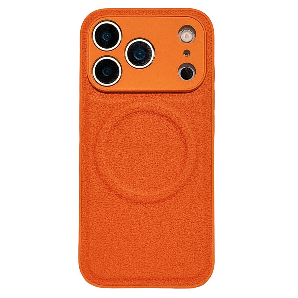 For iPhone 17 Pro Max Case Metal Lens Protection Leather Coated PC TPU Phone Cover Compatible with MagSafe - Orange