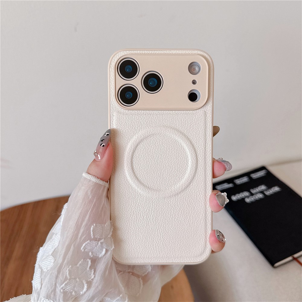 For iPhone 17 Pro Max Case Metal Lens Protection Leather Coated PC TPU Phone Cover Compatible with MagSafe - White