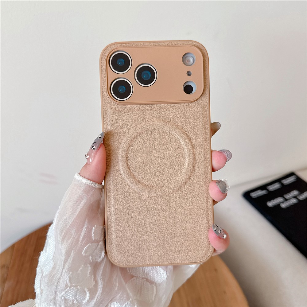For iPhone 17 Pro Max Case Metal Lens Protection Leather Coated PC TPU Phone Cover Compatible with MagSafe - Khaki
