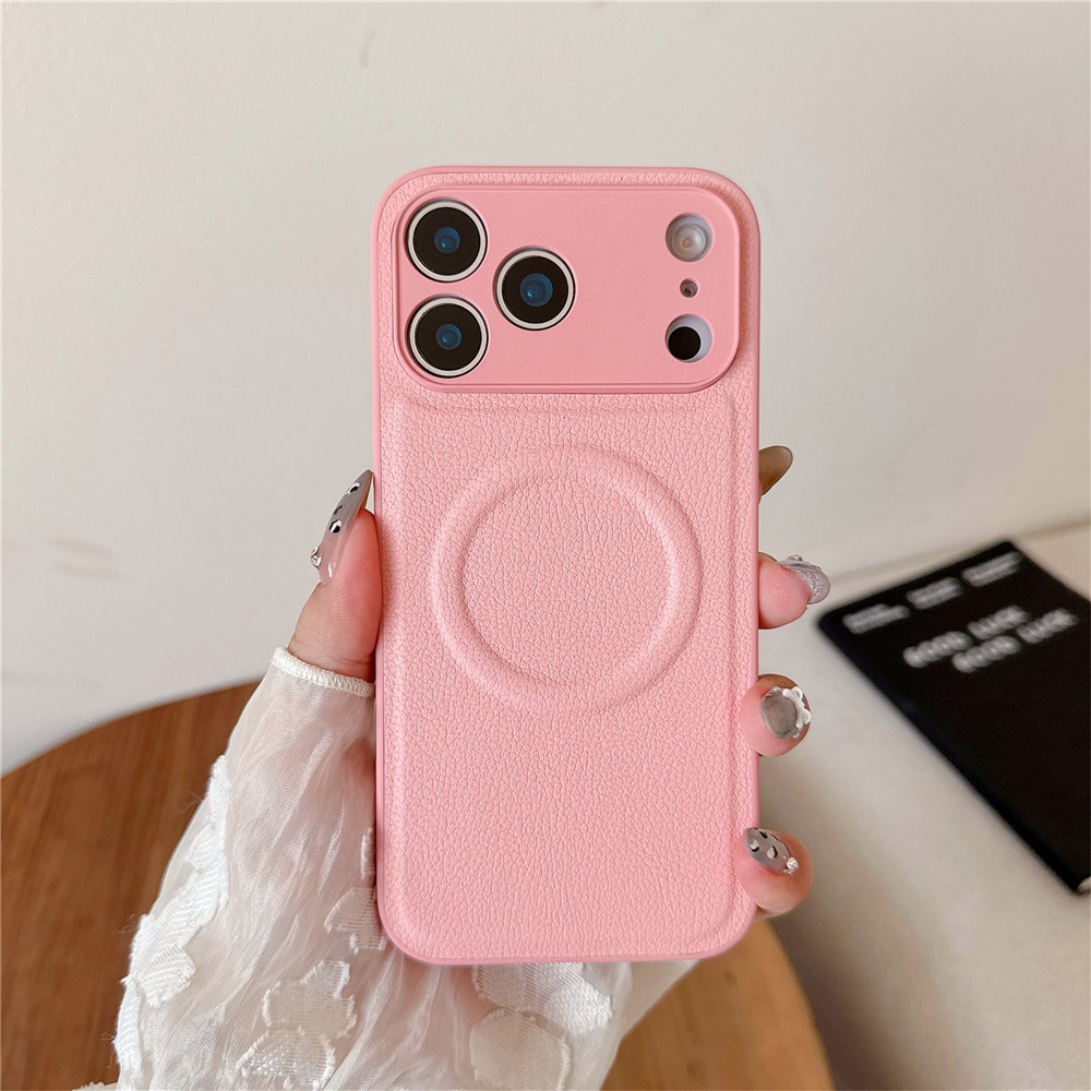 For iPhone 17 Pro Case Metal Lens Protection Leather Coated PC TPU Phone Cover Compatible with MagSafe - Pink