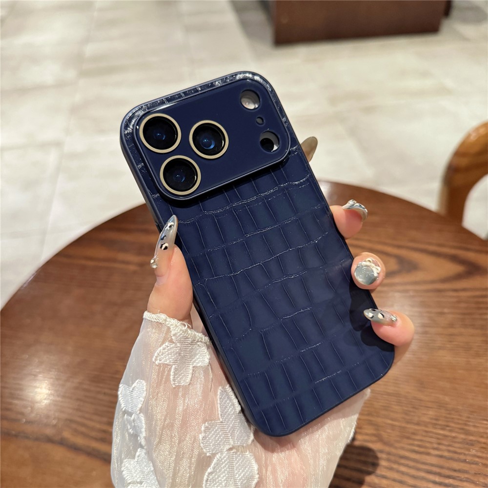 For iPhone 17 Pro Case Large Window Crocodile Texture Leather + TPU Phone Cover with PC Lens Film - Navy Blue