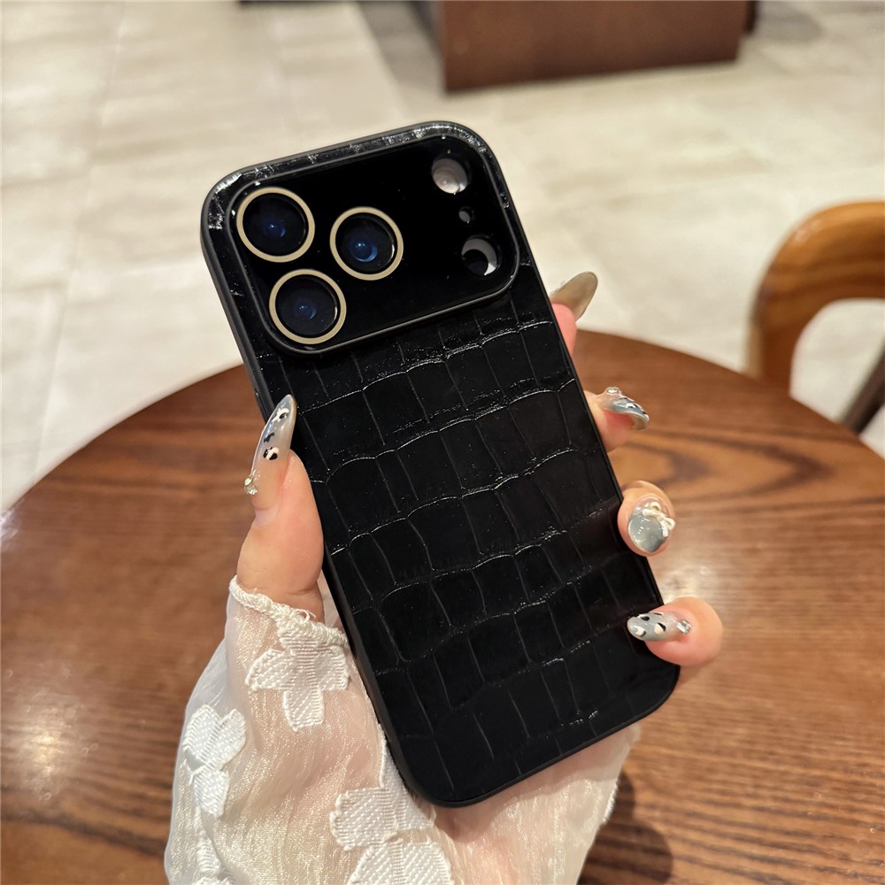 For iPhone 17 Pro Case Large Window Crocodile Texture Leather + TPU Phone Cover with PC Lens Film - Black