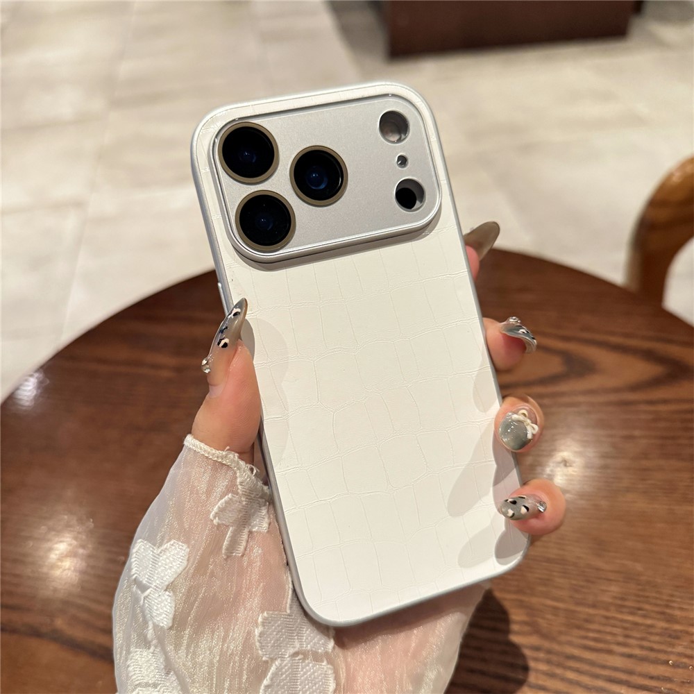 For iPhone 17 Pro Max Case Large Window Crocodile Texture Leather + TPU Phone Cover with PC Lens Film - White