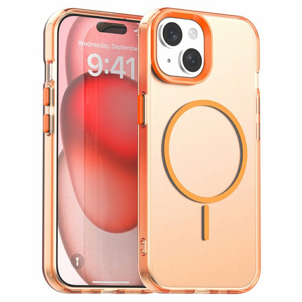 For iPhone 15 Case Candy Color PC + TPU + PET Phone Cover Compatible with MagSafe - Orange