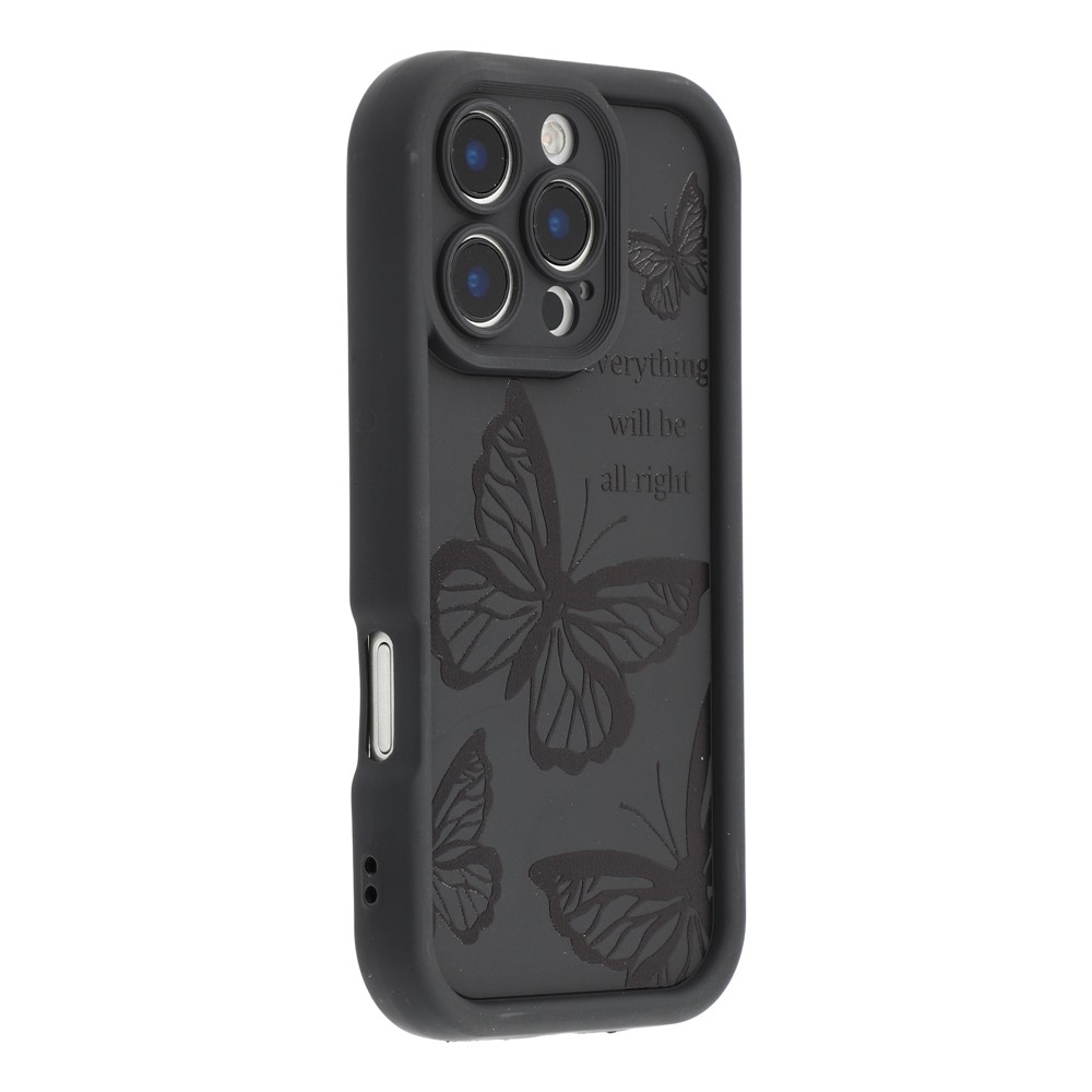 For iPhone 16 Pro Max Case Butterfly Print TPU Shockproof Phone Back Cover - Black