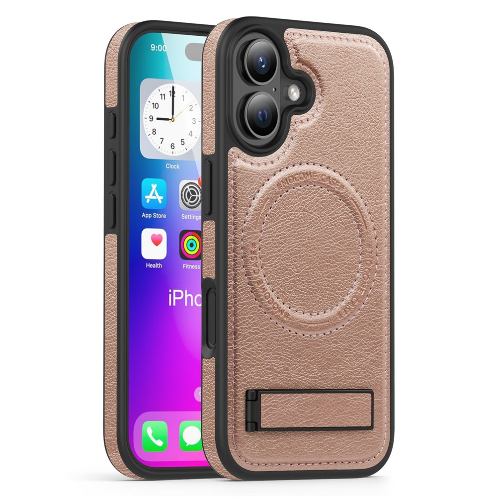 For iPhone 17 Case Compatible with MagSafe Kickstand Leather Phone Back Cover - Rose Gold