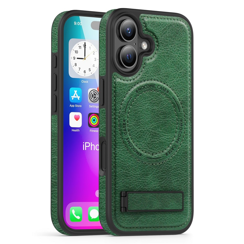 For iPhone 17 Case Compatible with MagSafe Kickstand Leather Phone Back Cover - Blackish Green