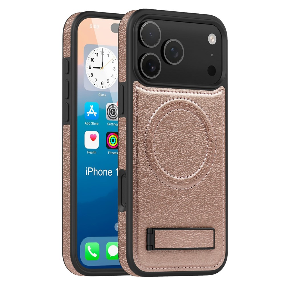 For iPhone 17 Pro Case Compatible with MagSafe Kickstand Leather Phone Back Cover - Rose Gold