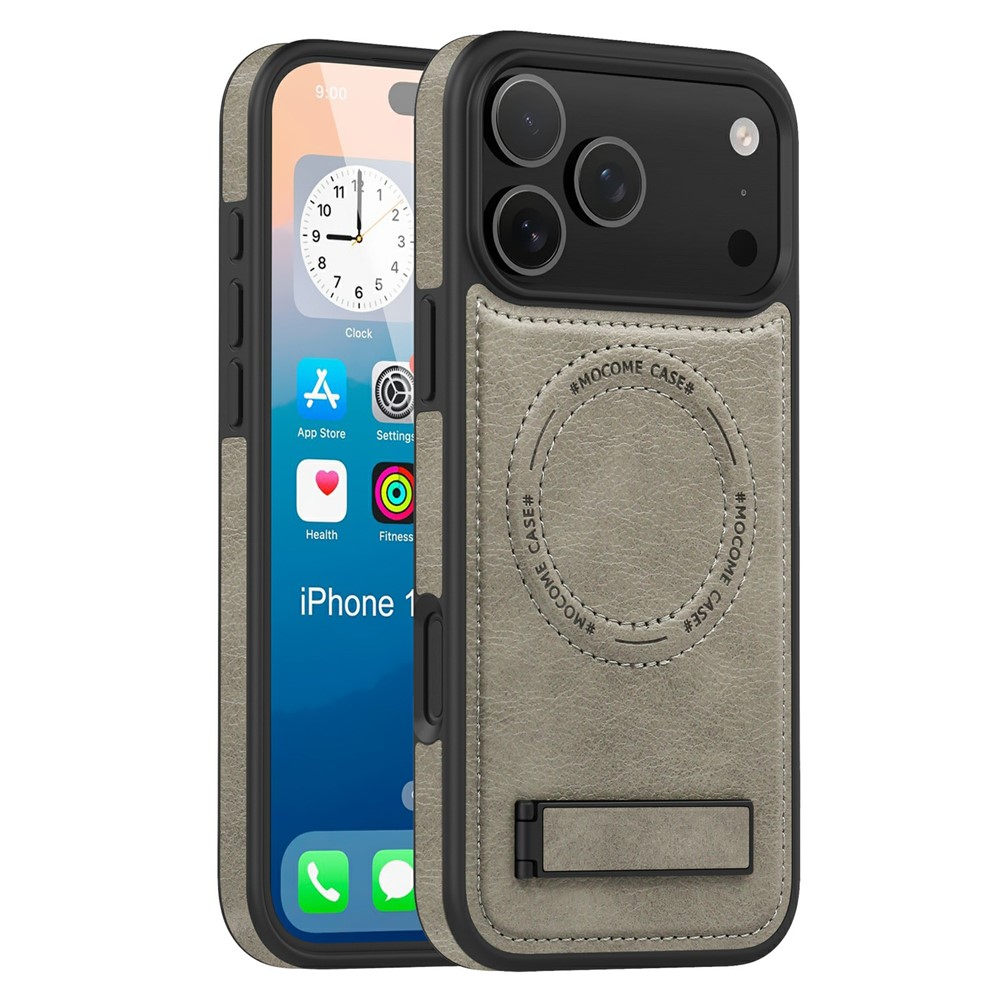 For iPhone 17 Pro Max Case Compatible with MagSafe Kickstand Leather Phone Back Cover - Titanium Grey